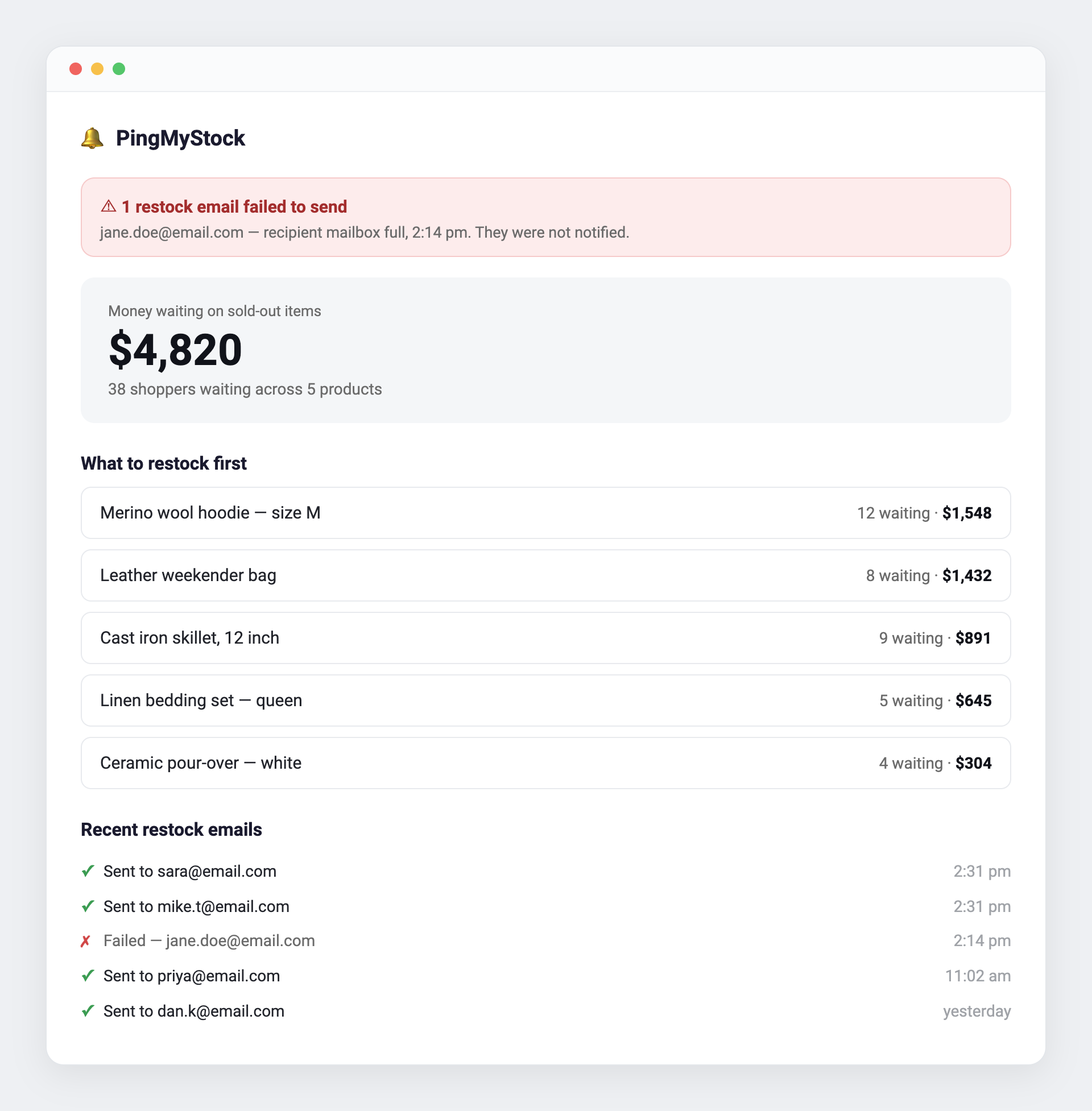PingMyStock merchant dashboard showing the money waiting on sold-out items, a restock priority list, and a failed-send alert
